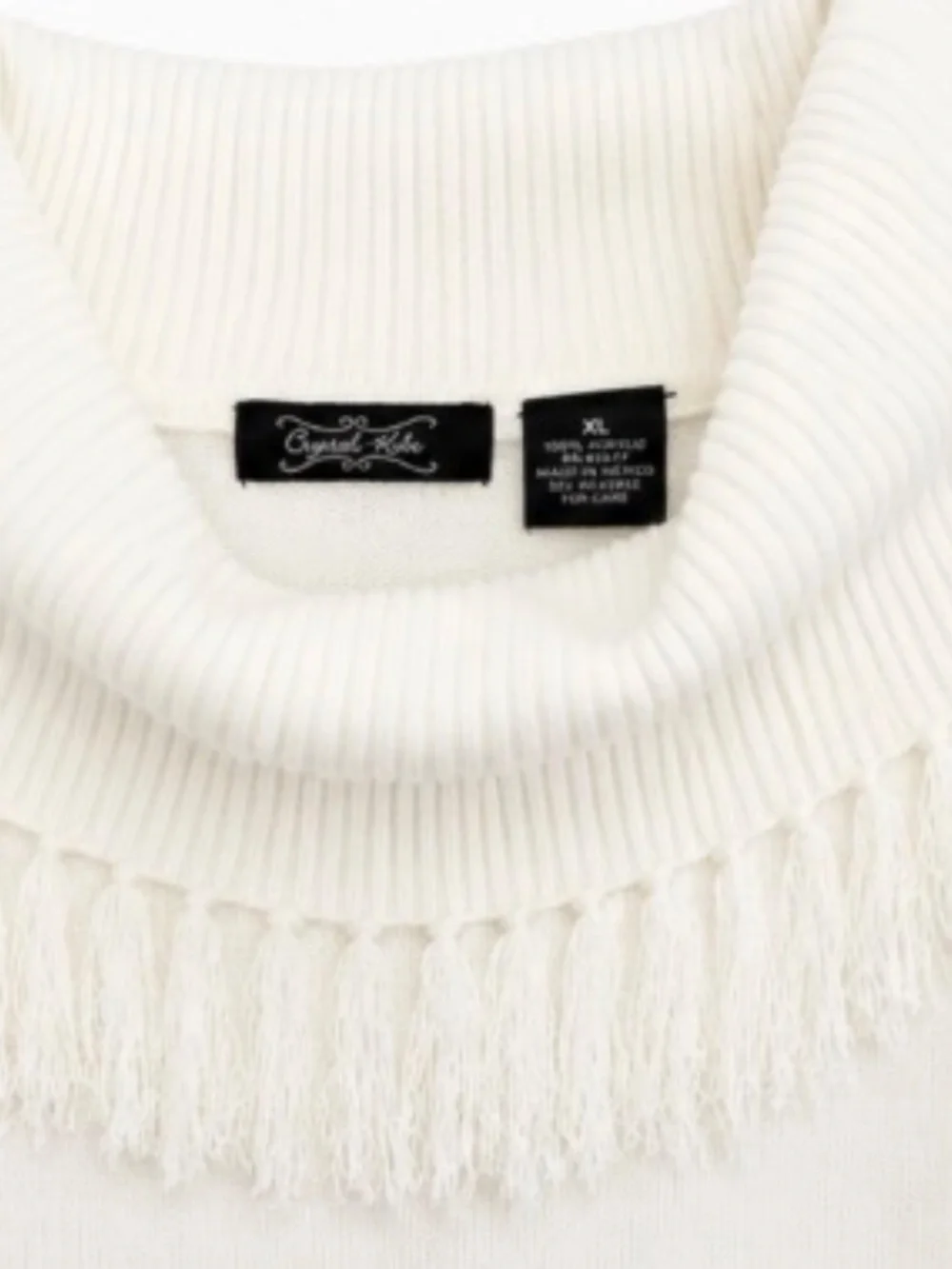 Crystal-Kobe White Fringe Cowl Neck Sweater XL Soft Knit Boutique Top - Picture 3 of 4